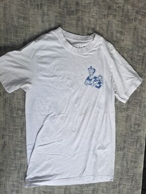White Short-Sleeve Tee with Blue Coffee Graphic